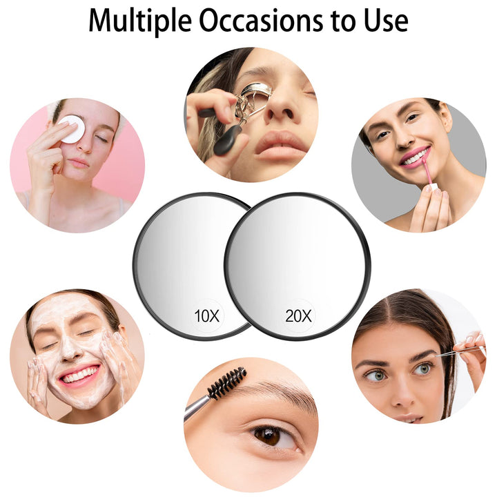 Magnifying Mirror, 3.5 Inch 20X Mirror &amp; 10X Magnifier Mirrors with 2 Suction Cups, Small Travel Magnifying Mirror and Tweezers Kit for Eyebrow Tweezing, Blackhead Blemish Removal (Black)