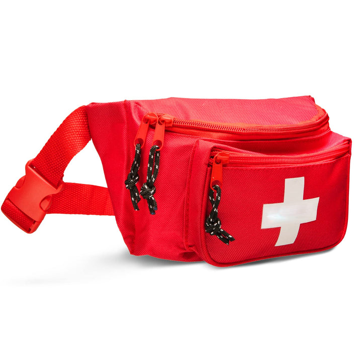 First Aid Fanny Pack Stocked with 75 Piece Emergency Essentials, 8x2x6, Waist Bag w/ 3 Zippered Compartments &amp; Adjustable Strap for Lifeguard, Hiking, Travel Men &amp; Women, Durable, Red