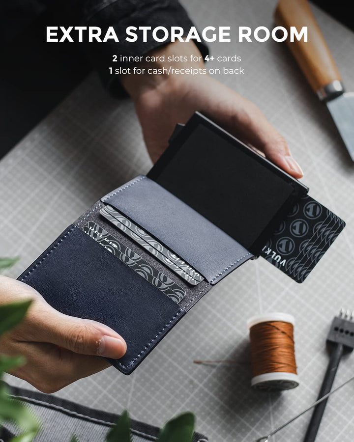 Credit Card Holder RFID Blocking Leather Automatic Pop Up Wallet Aluminum Slim Pocket Business Card Case Vintage Navy