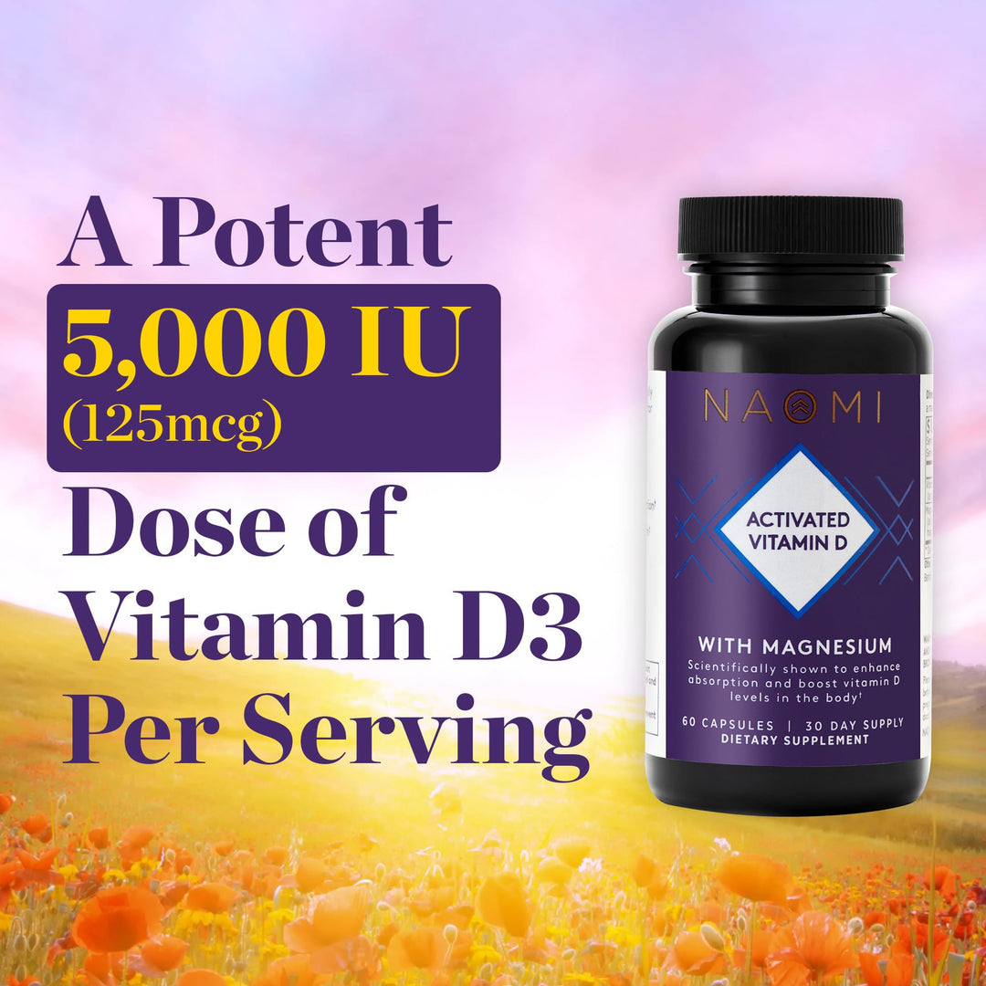 Activated Vitamin D3 5000 IU (125 mcg) Supplement with Magnesium for Strong Bones, Teeth, Muscle, Immune and Mood Support, Non-GMO, Gluten Free, 60 Veggie Caps, 30 Day Supply