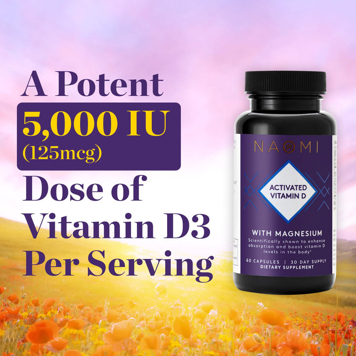 Activated Vitamin D3 5000 IU (125 mcg) Supplement with Magnesium for Strong Bones, Teeth, Muscle, Immune and Mood Support, Non-GMO, Gluten Free, 60 Veggie Caps, 30 Day Supply