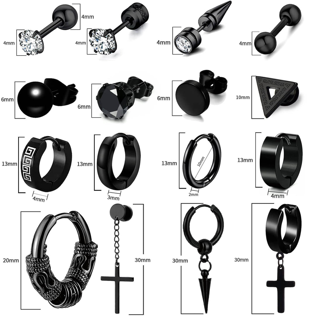 16 Pairs Men Earrings Set - Black Stainless Steel Cross Dangle Hoop &amp; Ear Stud Fashion Piercing Jewelry for Birthdays, Parties &amp; More