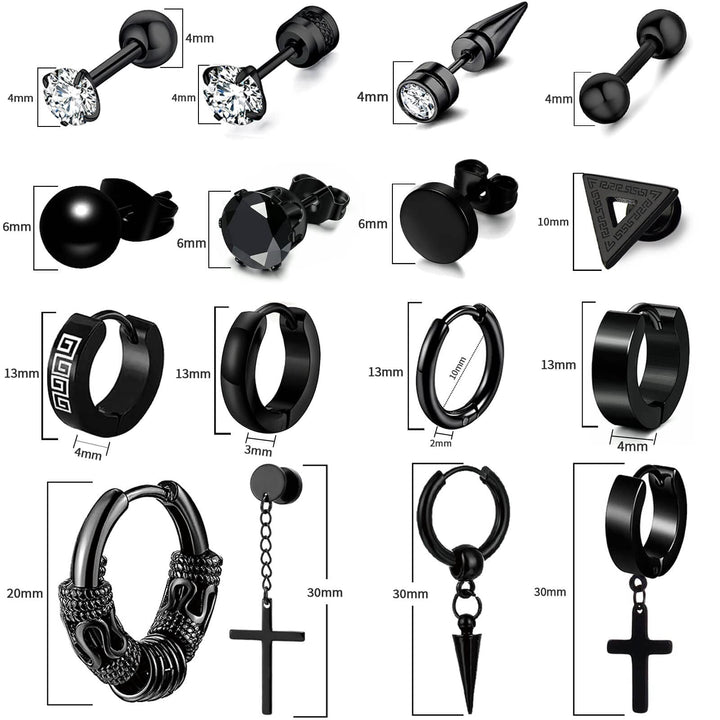 16 Pairs Men Earrings Set - Black Stainless Steel Cross Dangle Hoop &amp; Ear Stud Fashion Piercing Jewelry for Birthdays, Parties &amp; More