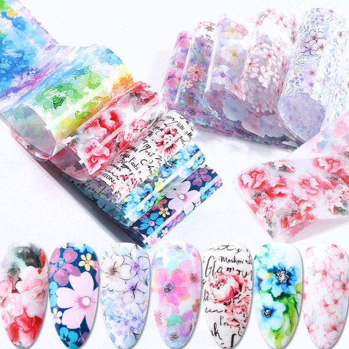 Flower Nail Art Foil Transfer Stickers 10 Rolls Flowers Floral Starry Sky Star Foil Adhesive Stickers Flower Nail Decals Manicure Tips Nail Art Supplies for Women Acrylic Nails Decorations Decor Set