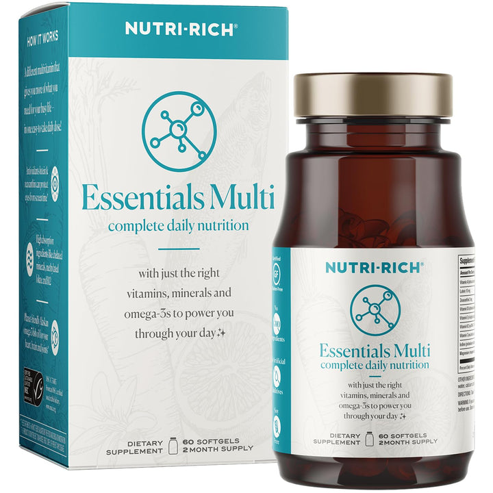 Essentials Multi | Multivitamin for Adults Softgel with Iron Nutritional Support with Lutein, Energy, K2 for Bone Health, Vitamin D3, Minerals, and Sustainable Omega-3 EPA + DHA (60 Count)