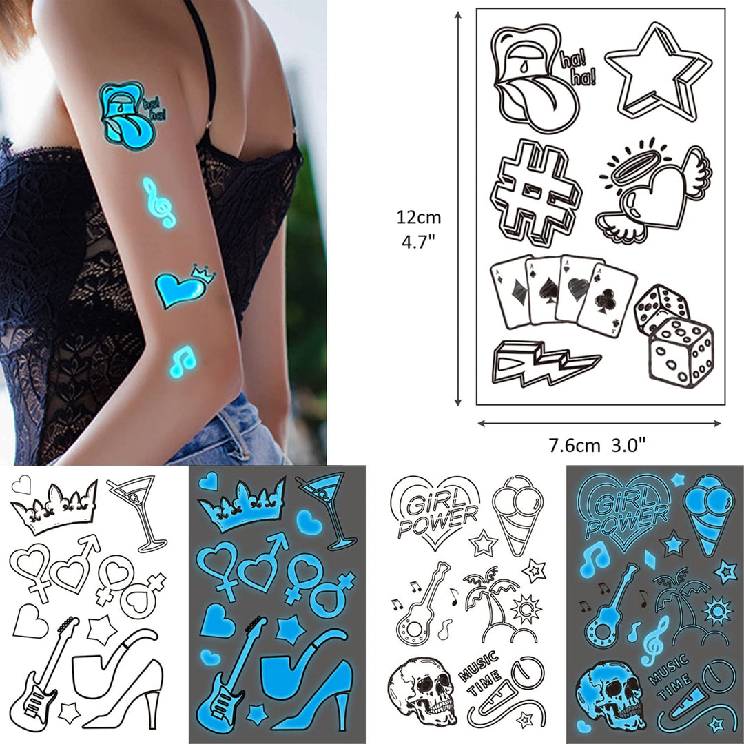 80+ Glow in the Dark Blue Temporary Tattoos for Adults, Mixed Style Tattoo, Luminous Pub Music Sexy Holiday Guns Fake Tattoo, Men Women Party Favor Supplies