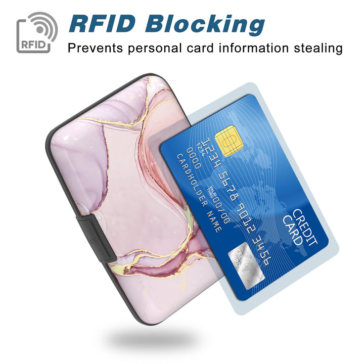 Credit Card Holder, Mini Aluminum Card Wallet RFID Blocking Slim Metal Hard Card Case for Women Men, Pink Marble