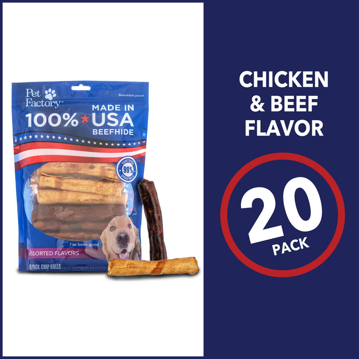 100% Made in USA Beefhide 5 Chip Rolls Dog Chew Treats - Beef &amp; Chicken Flavor, 20 Count/1 Pack