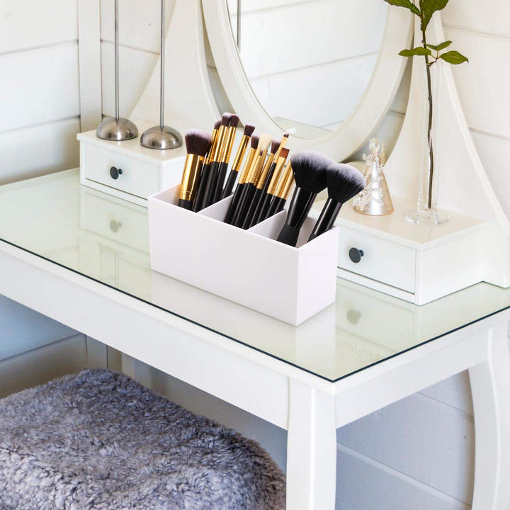 Makeup Brush Holder Organizer Cosmetic Brushes Container Storage 3 Slots - Great for Vanity (White)