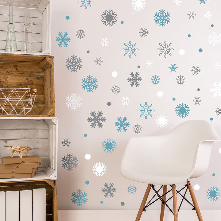 249 Pcs/ 6 Sheets Christmas Snowflakes Wall Decals Snowflake Wall Christmas Winter Silver and Blue Wall Decals Removable Home Decor for Christmas Party(Blue, Grey, White)