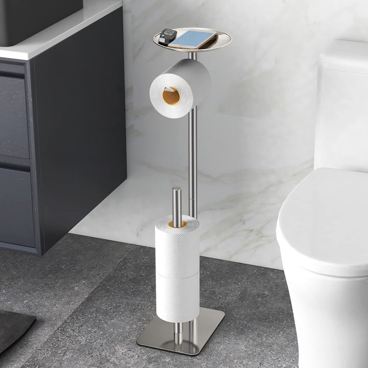 Toilet Paper Holder Stand for Bathroom Floor Standing Toilet Roll Dispenser Storages 4 Reserve Rolls, with Top Storage Shelf for Cell Phones, Wipe, Wallet and More(Brush Nickel)
