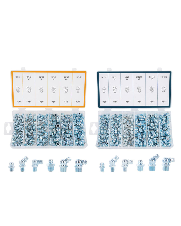 230pc SAE &amp; Metric Grease Fittings Kit Hydraulic Grease Zerk Assortment: 1/4 1/8 M6 M10 Straight 45 90 Degree Zerks Galvanized Steel Set for Replacing Missing or Broken Zerk Grease Fittings