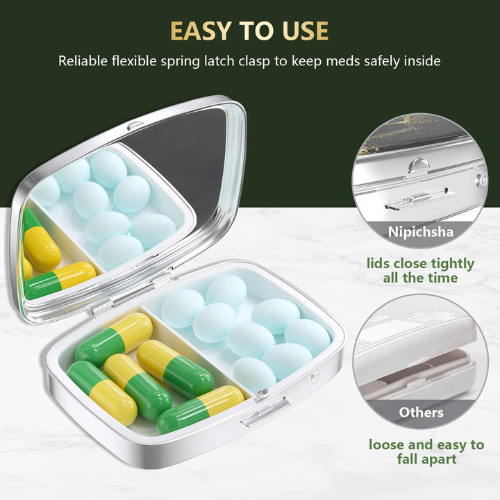 Nipichsha Pill Box, Small Pill Case for Purse & Pocket, Cute Medicine Organizer Travel Pillbox, Portable Pill Container Holder to Hold Vitamins, Medication, Fish Oil and Supplement, Dark Green Marble