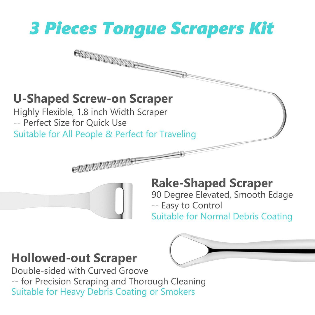 3 PCS Tongue Scraper for Adults, Stainless Steel Tongue Cleaner with Carry Travel Small Case, Medical Grade Metal Daily Oral Hygiene Brush Dental Kits Reduce Bad Breath Tool Gadgets Treatment