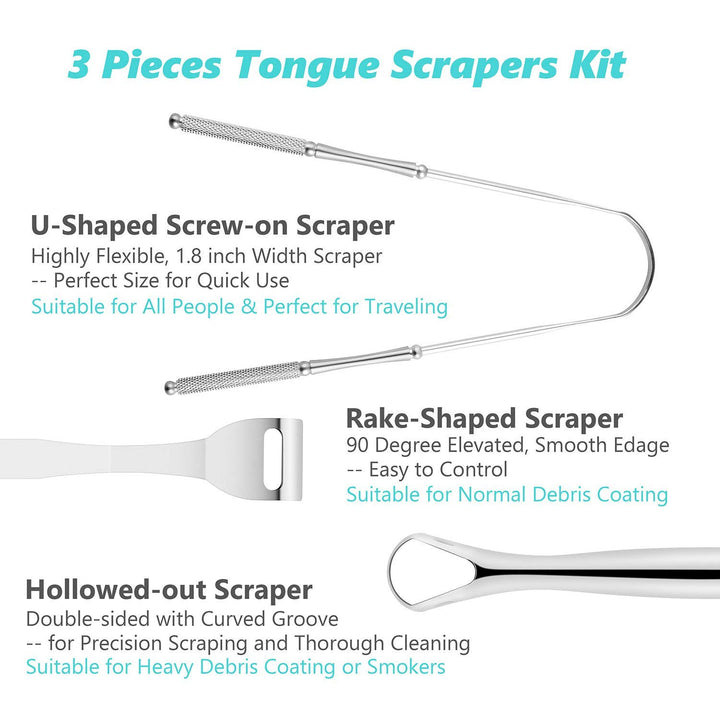 3 PCS Tongue Scraper for Adults, Stainless Steel Tongue Cleaner with Carry Travel Small Case, Medical Grade Metal Daily Oral Hygiene Brush Dental Kits Reduce Bad Breath Tool Gadgets Treatment