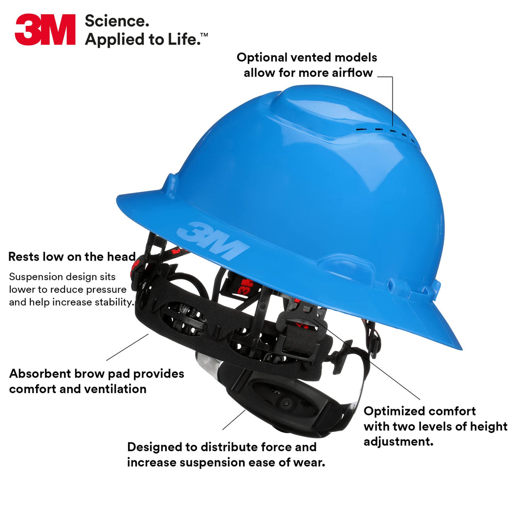 3M Hard Hat H-803SFR-UV, Blue, Non-Vented Full Brim Style Safety Helmet with Uvicator Sensor, 4-Point Pressure Diffusion Ratchet Suspension, ANSI Z87.1