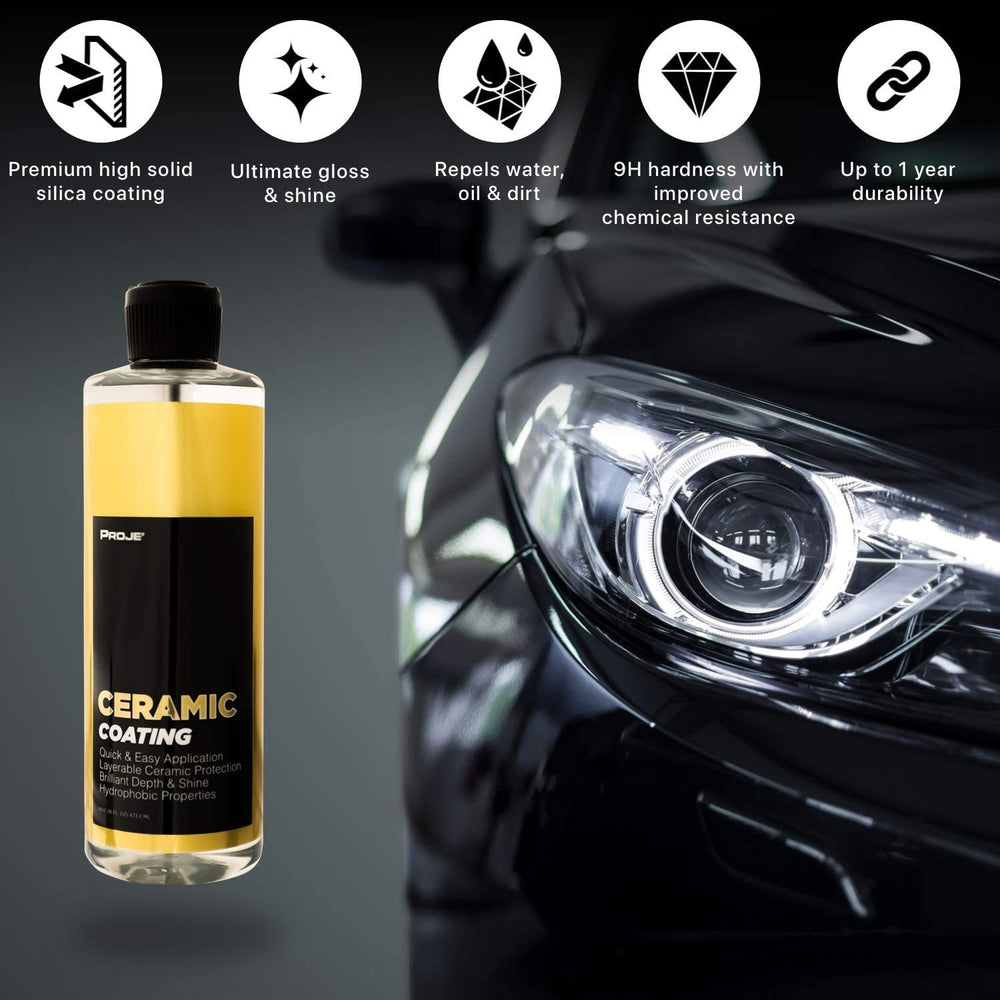 Proje Ceramic Coating - 12+ Month Durability - Easy to Apply - High Gloss - Anti Scratch - Safe on All Surfaces - Hydrophobic SiO2 Top Coat For Cars, Trucks, RVs, and More - 16 fl oz