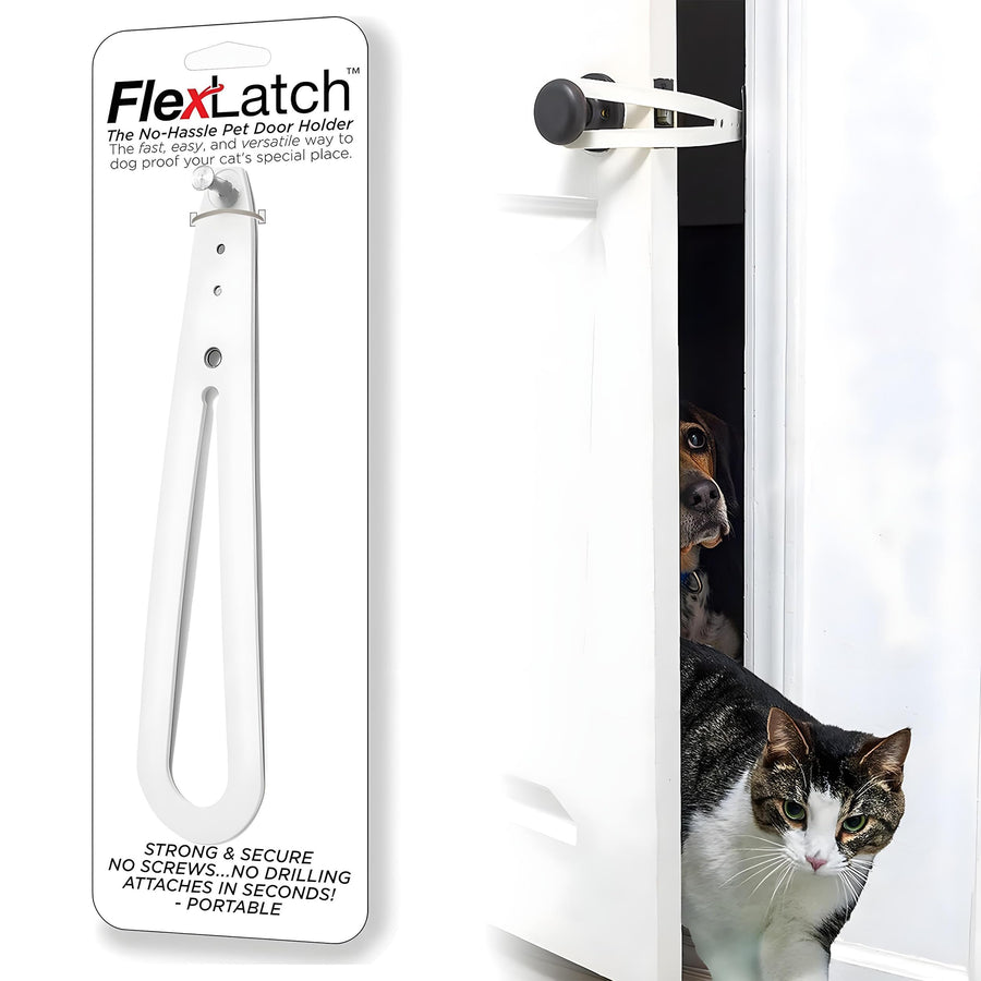Cat Door Holder Latch - Bright White Cat Door Alternative Installs Fast Flex Latch Strap Let's Cats in and Keeps Dogs Out of Litter & Food. Safe Baby Proof One Piece No Measuring Extra Easy