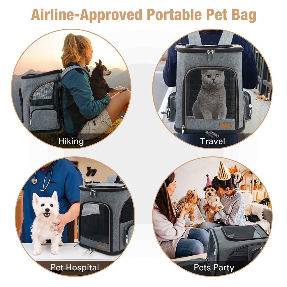 Cat Backpack Expandable Pet Carrier Backpack for Small Cats and Dogs, Airline-Approved Foldable Dog Carrier Backpack with Inner Safety Leash, Grey