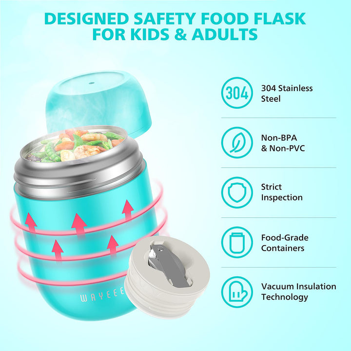 Food Containers for Hot Food Insulated Food Jar, Vacuum Bento Box Lunch Containers 16 oz for Kids Adults, Airtight Stainless Steel Soup Containers with Spoon, for School, Travel, Picnic - Blue