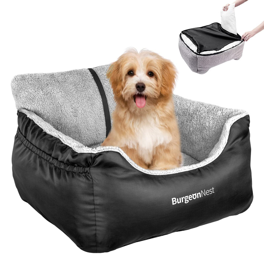 Dog Car Seat for Small Dogs, Fully Detachable and Washable Cat Carseats Under 25 lbs, Soft Pet Booster Seats with Storage Pockets and Clip-On Leash Portable Car Travel Carrier Bed, Black
