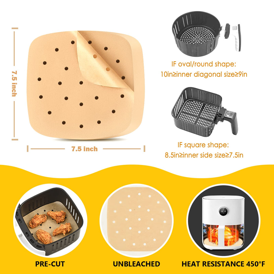 AW&amp;SH Air Fryer Liners, 200pcs 7.5 inch Square Unbleached Air Fryer Disposable Paper Liner, Food Grade Parchment Paper for Baking Roasting Microwave, Oil-Proof, Water-Proof, Non-Stick
