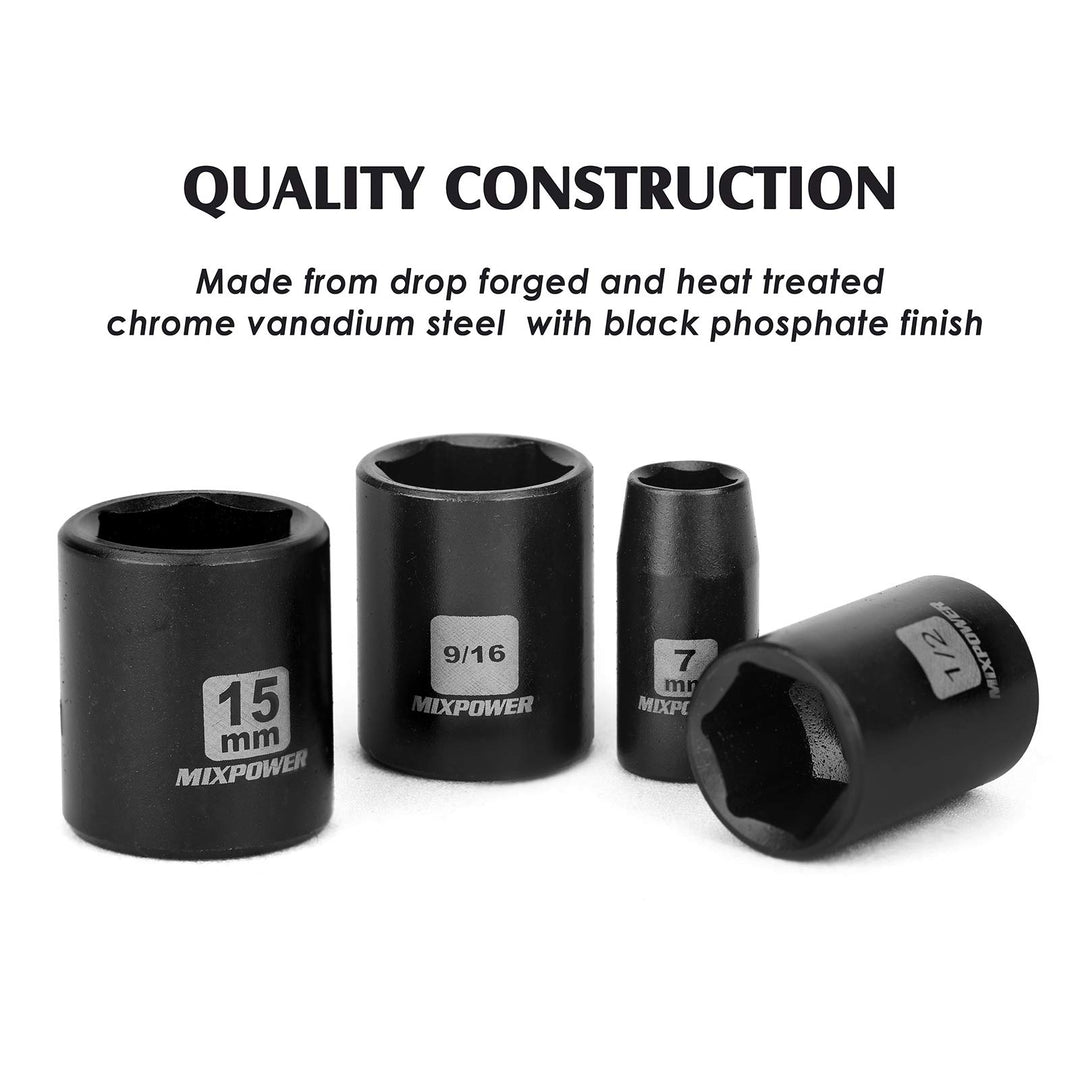 50 Pieces 1/4 Dr. Impact Socket Set, CR-V, 6 Point, SAE/Metric, 5/32 Inch - 9/16 Inch, 4mm - 15mm, Shallow/Deep