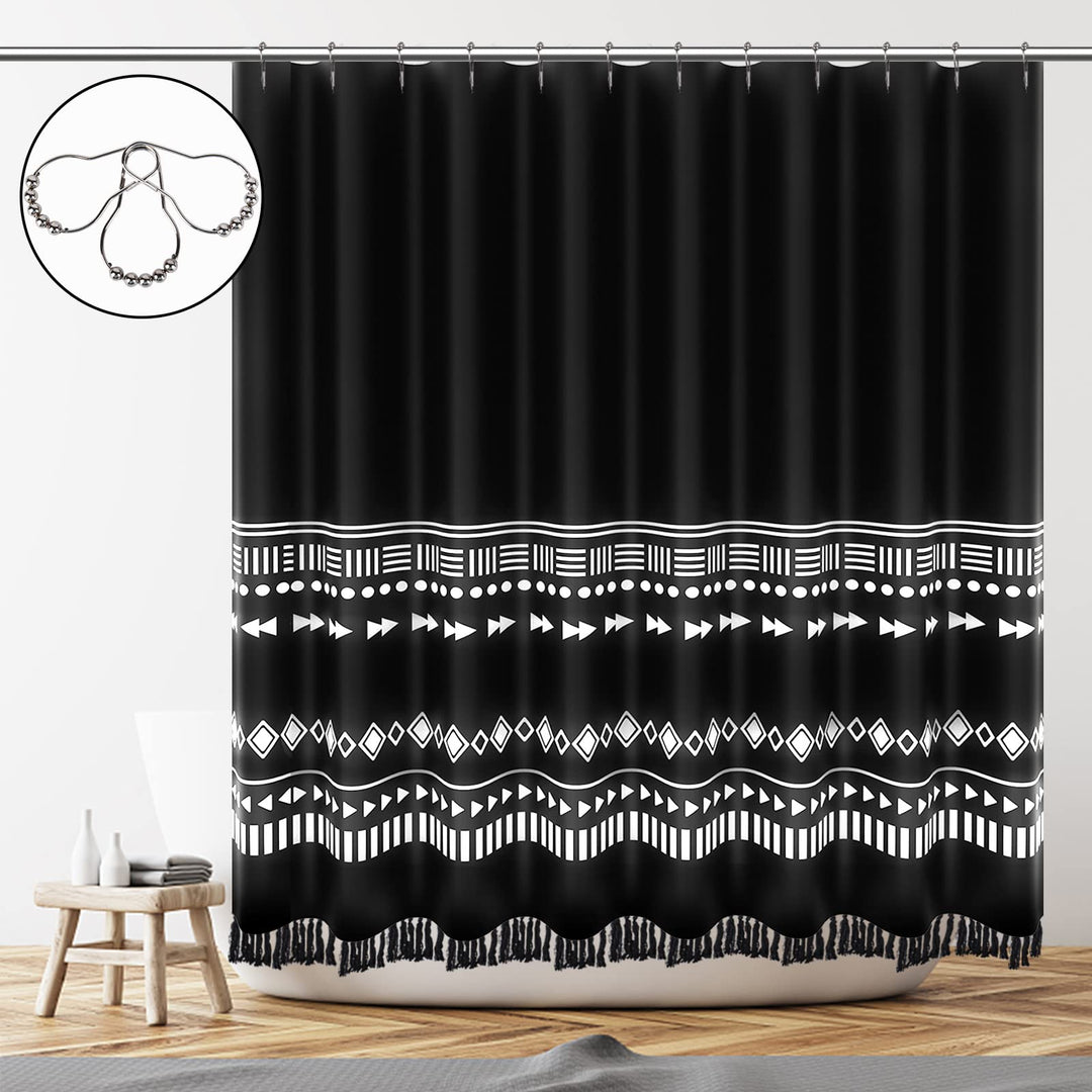 Black Boho Shower Curtain Set, Modern Farmhouse Tassel Shower Curtain, Abstract Geometric Shower Curtain for Bathroom Decor, Tribal Fabric Standard Shower Curtain with Stripe Knotted-Tassel , 72 x 72