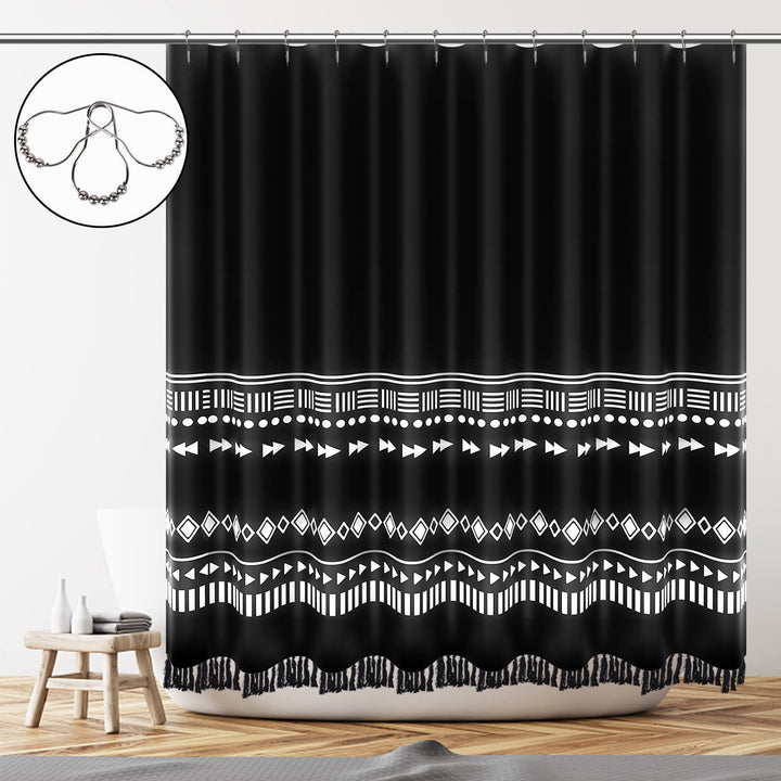 Black Boho Shower Curtain Set, Modern Farmhouse Tassel Shower Curtain, Abstract Geometric Shower Curtain for Bathroom Decor, Tribal Fabric Standard Shower Curtain with Stripe Knotted-Tassel , 72 x 72