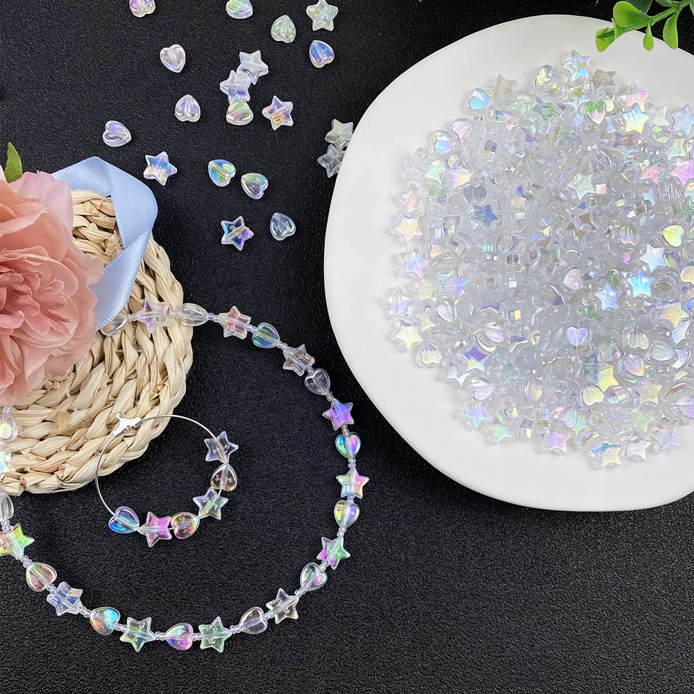 600 PCS Acrylic Beads Heart Star Shape Beads Clear AB Bead Assortments Flat Bead-in-Bead Loose Beads Spacer for DIY Necklace Bracelet Jewelry Craft Making (Clear AB)
