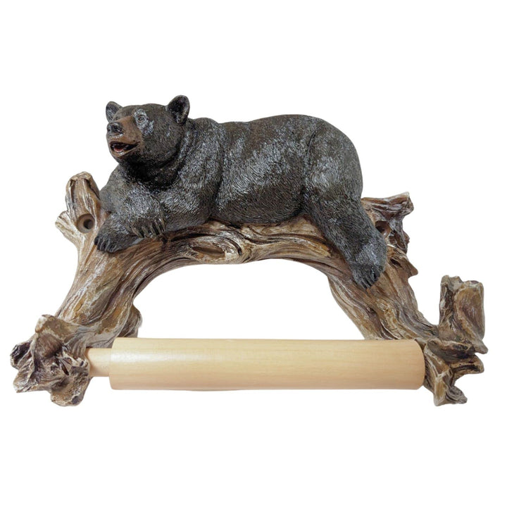 Rustic Cabin Style Black Bear on Log Toilet Paper Holder Wall Mounted