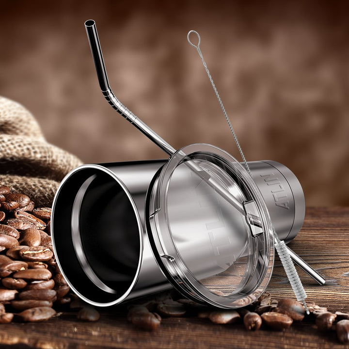 Atlin Tumbler [30 oz. Double Wall Stainless Steel Vacuum Insulation] Travel Mug [Crystal Clear Lid] Water Coffee Cup [Straw Included]For Home,Office,School - Works Great for Ice Drink, Hot Beverage