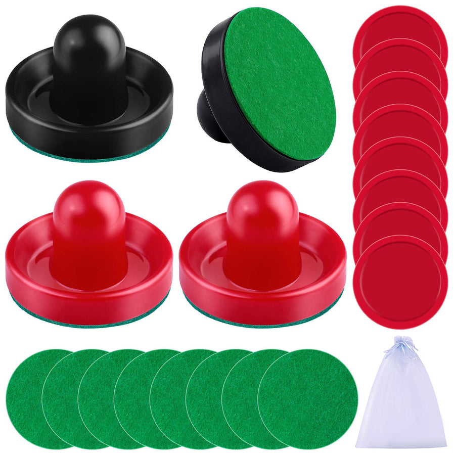 Air Hockey Pushers and Air Hockey Pucks Air Hockey Paddles, Goal Handles Paddles Replacement Accessories for Game Tables(4 Pushers, 8 Red Pucks and 8 Green Pads)