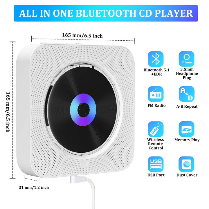 Portable CD Player with Bluetooth Wall Mountable CD Music Player Home Audio Boombox with Remote Control FM Radio Built-in HiFi Speakers MP3 Headphone Jack AUX Input Output
