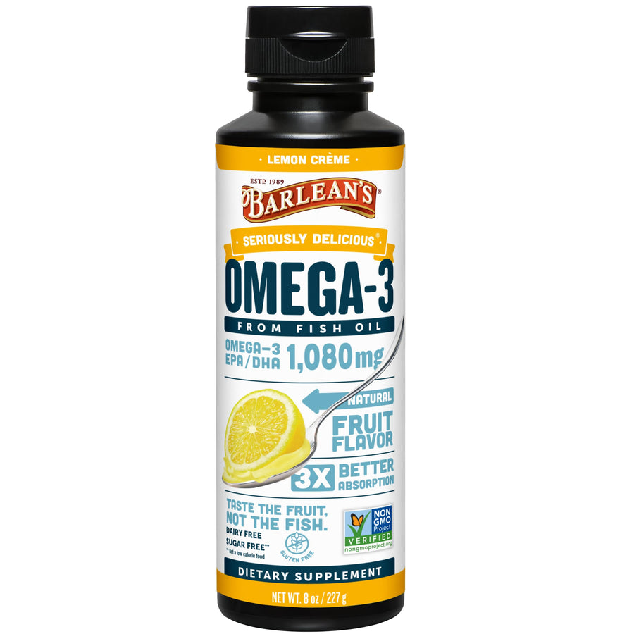 Lemon Crème Omega 3 Fish Oil Liquid Supplement, 1080mg of Omega 3 EPA & DHA Fatty Acid, Smoothie Flavored & Burpless for Brain, Joint, & Heart Health, 8 oz
