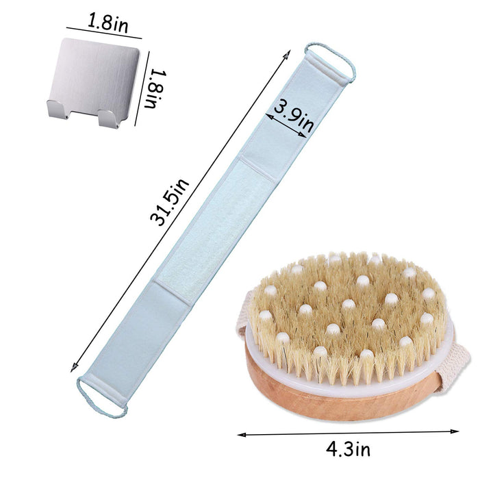Bath Body Brush Shower Back Scrubber with Wall Hook,Dry Brushing Body Brush For Massage,Lengthened Natural Loofah Exfoliating Back Scrubber For Shower