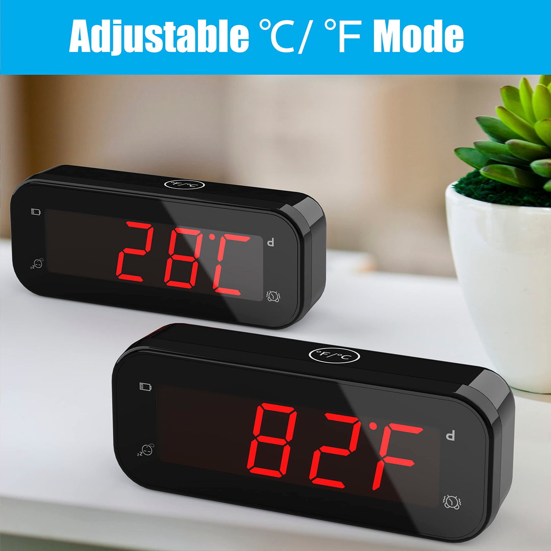2 in 1 Alarm Clock, Indoor Thermometer, Digital Clock,Turn it Over, Temperature Display, 12/24Hr, °C / °F, Adjustable Brightness, Snooze, Battery Operated, Travel Clock, Alarm Clock for Bedroom