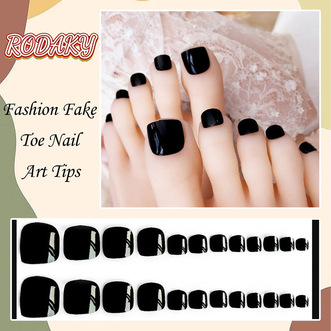 24PCS Solid Color Press On Toe Nails Glossy False Toe Nail Fashion Fake Toenails for Women Full Cover Acrylic Foot Nails Design Toenail Tips (Black)