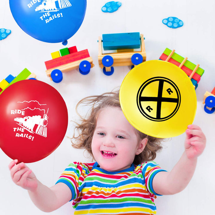 36 Pieces Train Latex Balloon Railroad Balloon and 2 Rolls Silver Ribbons for Birthday Baby Shower Engagement Party Decoration Supply