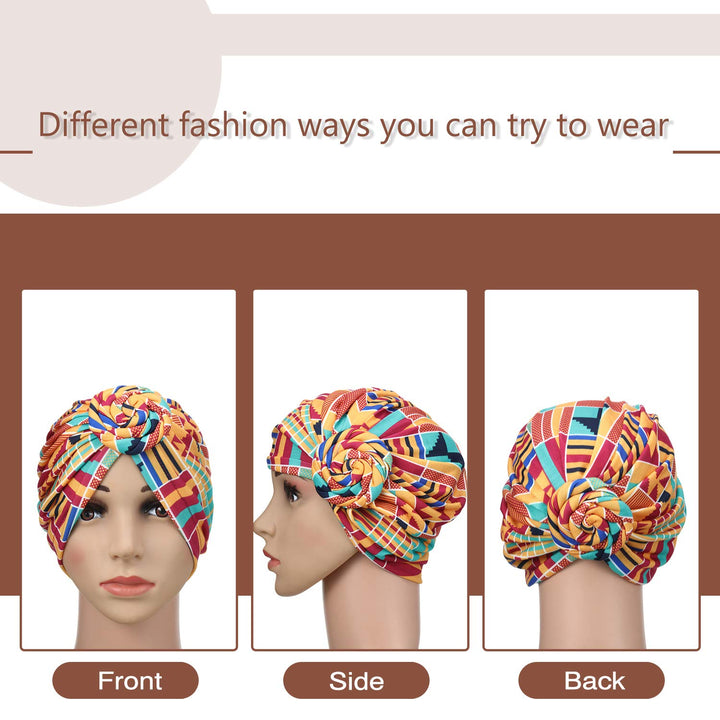 SATINIOR 4 Pieces African Pattern Headwrap Pre-Tied Bonnet Turban Knot Beanie Cap Headwrap Hat (Leopard Print Black Flower)