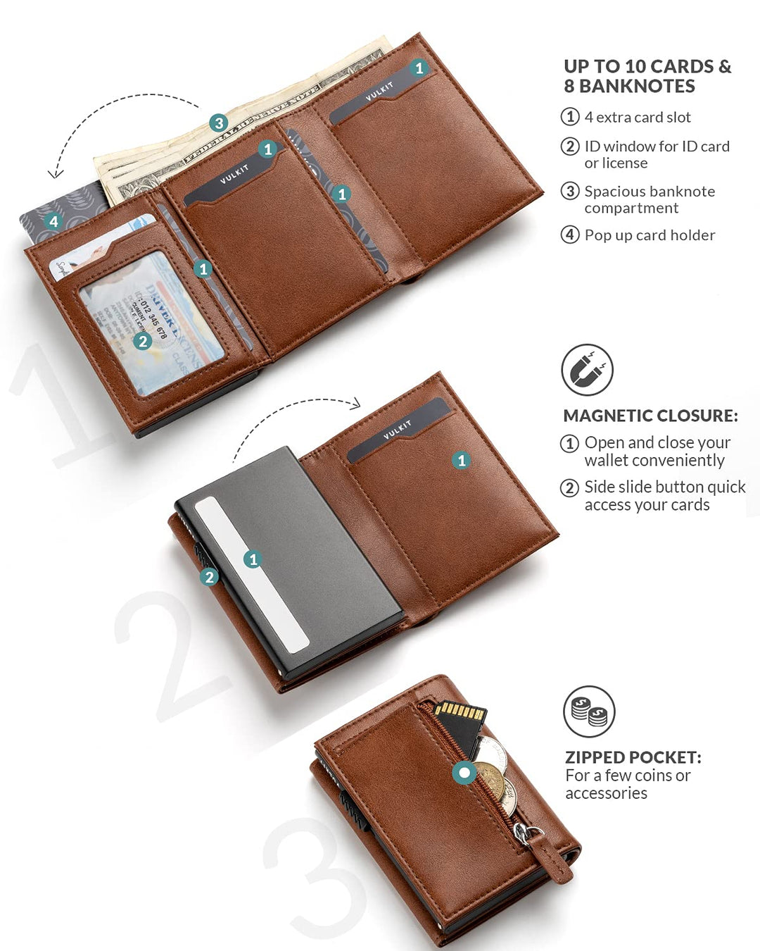 Men&#39;s Leather Magnetic Closure Pop Up Contemporary Card Holder Wallet with Coin Pocket With ID Window (Brown, One Size)