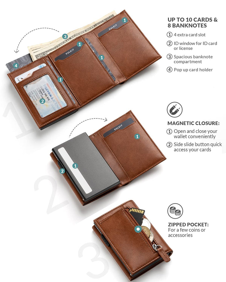 Men&#39;s Leather Magnetic Closure Pop Up Contemporary Card Holder Wallet with Coin Pocket With ID Window (Brown, One Size)
