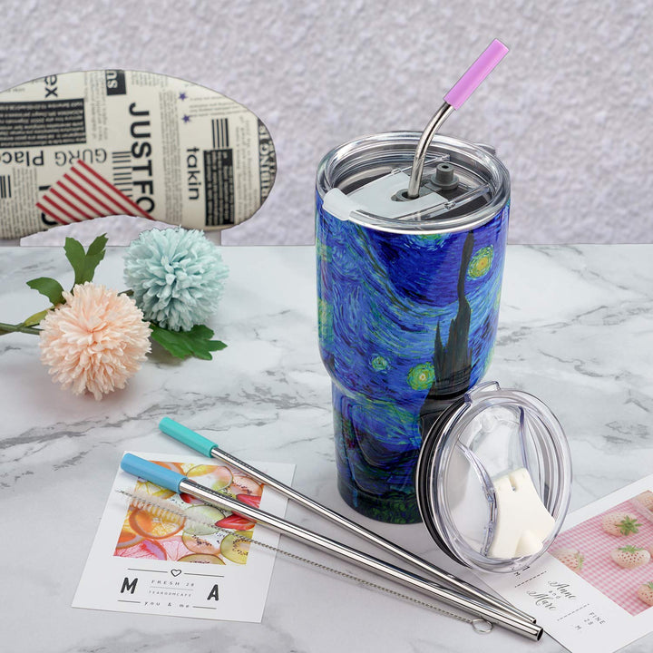 30 oz Tumbler with Lids and Straws,18/8 Stainless Steel Vacuum Insulated Coffee Tumbler,Insulated Travel Mug Water Cup with Leak-Proof Straw Lid &amp; Flip Lid,3 Metal Straws,1 Cleaning Brush &amp; Gift Box