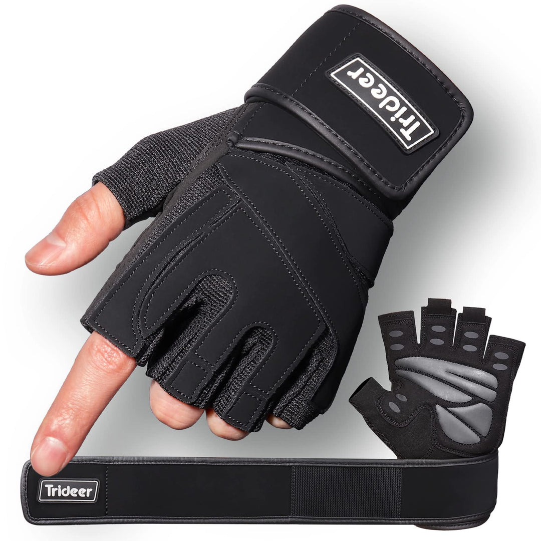 Padded Workout Gloves for Men - Gym Weight Lifting Gloves with Wrist Wrap Support, Full Palm Protection &amp; Extra Grips for Weightlifting, Exercise, Cross Training, Fitness, Pull-up