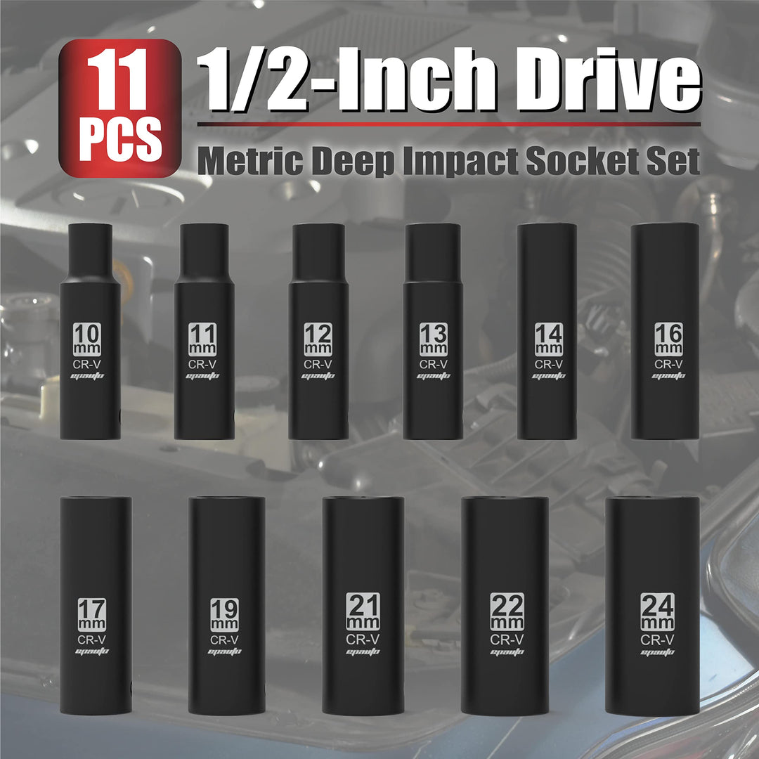 1/2-Inch Drive Metric Deep Impact Socket Set, Cr-V, 6 Points, 11 Sockets