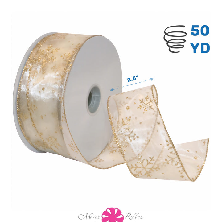 7405.60/50-004 Snowflake 2.5 X 50 YD Nylon Sheer Wired Glitter Ribbon, Ivory/Gold, Ribbon Art Supplies for Christmas Decorations, Indoor Christmas Ribbon for Gift Wrapping Art Set