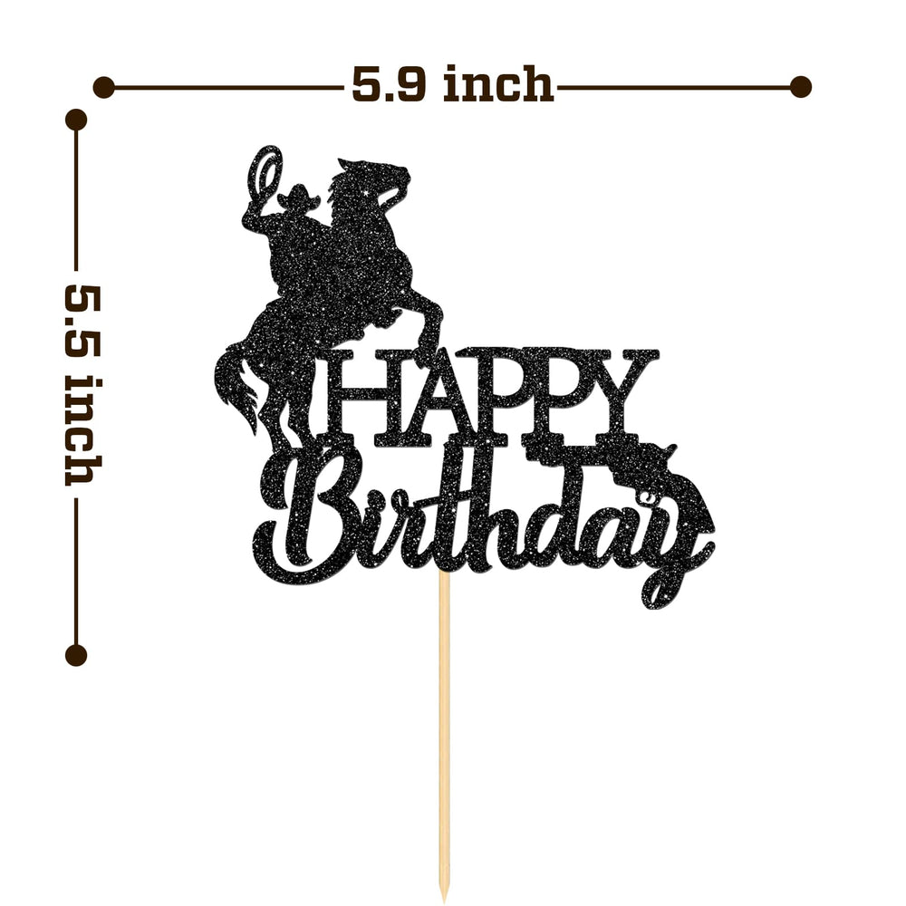 Black Cowboy and Horse Cake Topper with Gun, Happy Birthday West Theme Cake Decoration, Horse Racing Cake Topper, Western Wedding Anniversary Party Supplies
