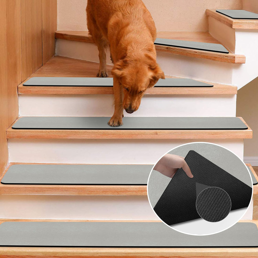 Rubber Stair Treads Pads Non-Slip, 15Pcs Step Mats Stairway Grips Strips Rug, Grey Reusable Staircase Step Carpet Treads Cover for Wooden Stairs