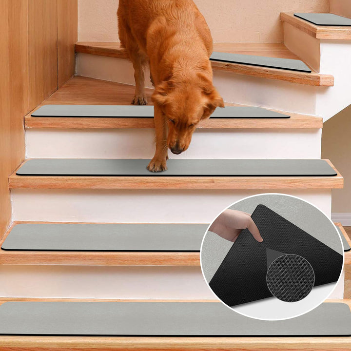 Rubber Stair Treads Pads Non-Slip, 15Pcs Step Mats Stairway Grips Strips Rug, Grey Reusable Staircase Step Carpet Treads Cover for Wooden Stairs