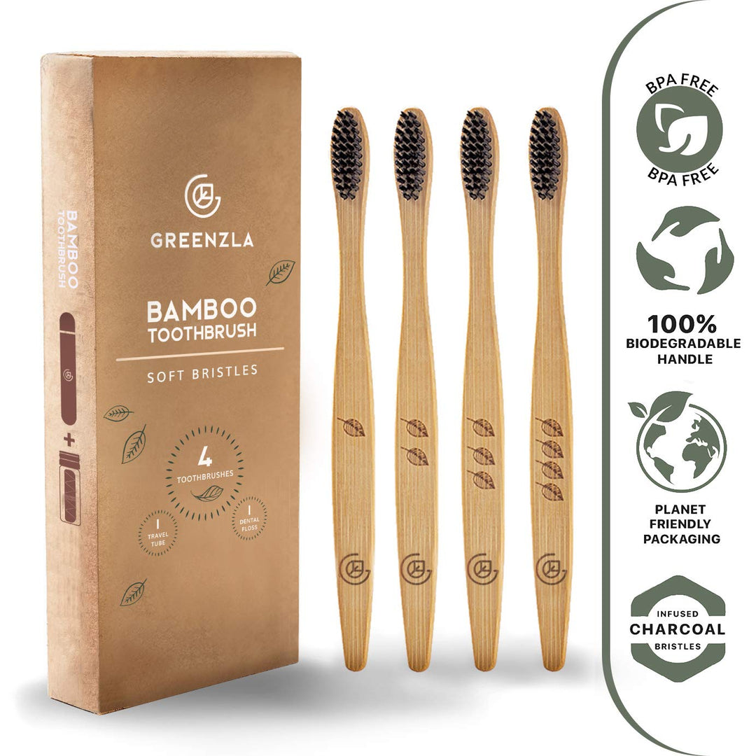 GREENZLA Organic Bamboo Toothbrushes, 4 Pack Sturdy BPA